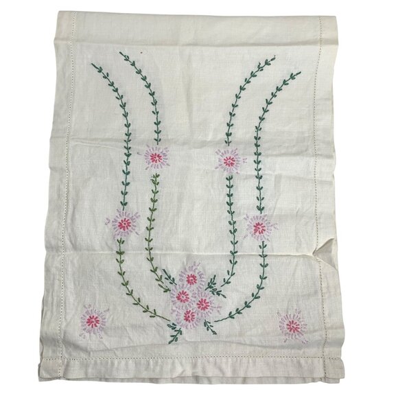 Vintage Cottagecore Hand-Embroidered Floral Rectangular Table Runner Linen - Picture 1 of 9